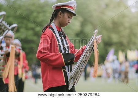 Kanchanaburi Thailand - July 18 :   Thai School Marching Band On Street, In Athletic Game Opening Da