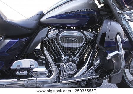 Copenhagen, Denmark - July 21, 2018: Harley Davidson Screamin Eagle Motorcycle With Focus On Engine.