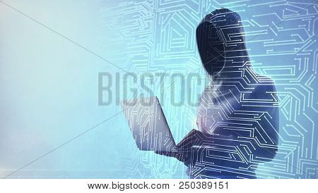 Sode View On No Face Hacker Working On Laptop And Abstract Board Circuit Illustration