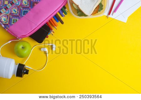 School Lunch Sandwich And Green Apple, Bottle Of Water, Healthy Eating Concept, Colorfu Encils Yello