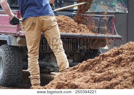 Close Up On Outdoor Worker Working On Adding Mulch In The Garden