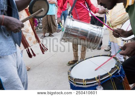 Many Drummers Playing Drums At Rath Jatra Festival. Lord Blalaram Is Being Worshipped For Rath Jatra