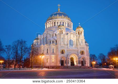 St. Nicholas Naval Cathedral In Night Illumination On March Evening. Kronstadt, Russia