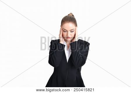 Business Concept. Young Business People Feel Tired In Their Work. Young Businesswoman Suffering From