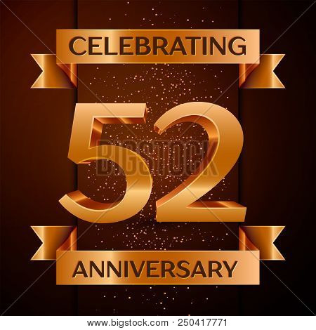 Realistic Fifty Two Years Anniversary Celebration Design Banner. Golden Number, Confetti And Ribbon 