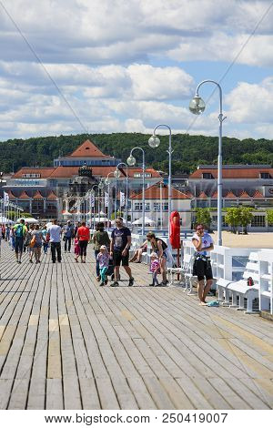 Sopot, Poland - June 6, 2018: Wooden Sopot Pier In Sunny Day. It Is The Longest Wooden Pier In Europ