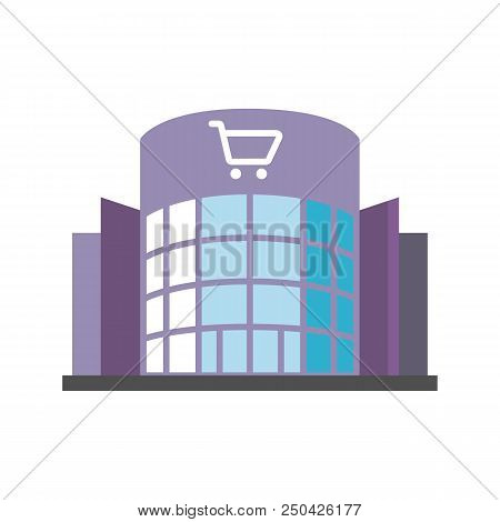 Shopping Centre Flat Design Long Shadow Color Icon. Mall Building. Supermarket. Vector Silhouette Il