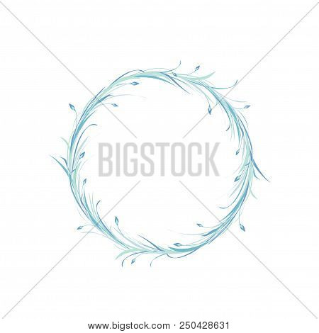 Blue Round Wreath From Grass, Twigs And Lilac Flowers Isolated On White Background. Floral Circle Ga