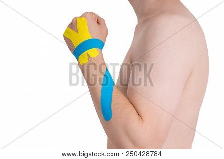 Kinesiology Taping On Human Hand, Isolated On White Background