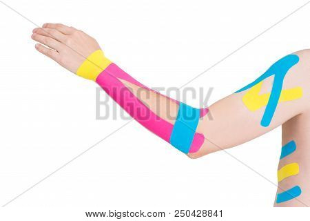 Kinesiology Taping On Human Hand, Isolated On White Background