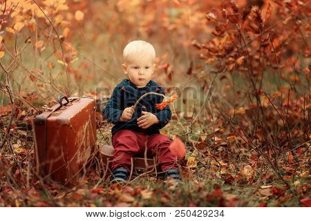 Adorable Boy On A Railway Station, Waiting For The Train With Suitcase