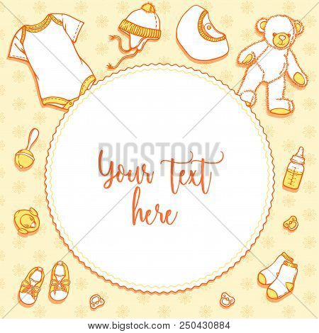Illustration Of Baby Items For A Postcard. Baby Items For Logo Babygro, Bib, Bootee, Hat. Infant Clo