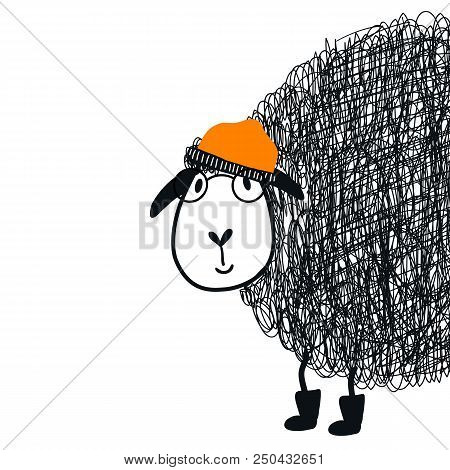 Cute Hand Drawn Nursery Poster With Cartoon Sheep Animal Character With Glasses And A Cap. Vector Il