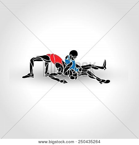Illustration Of Greco Roman Wrestlers, Fighting Game. Vector Black And White Freestyle Wrestling Cre