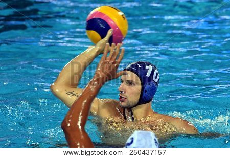 Budapest, Hungary - Jul 27, 2017.  Varga Denes (10) Hungarian Waterpolo Player In The Semifinal. Fin