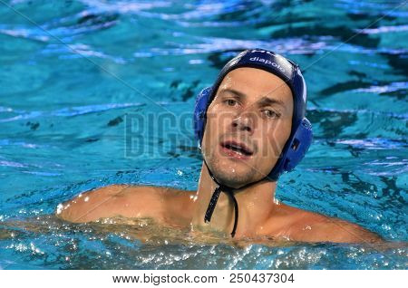 Budapest, Hungary - Jul 27, 2017.  Varga Denes (10) Hungarian Waterpolo Player In The Semifinal. Fin
