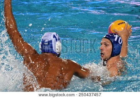 Budapest, Hungary - Jul 27, 2017.  Varga Denes (10) Hungarian Waterpolo Player In The Semifinal. Fin