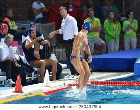 Budapest, Hungary - Jul 27, 2017. Zalanki Gergo (hun, Cap 4) Jumping Into The Pool. Hungarian Waterp