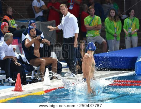 Budapest, Hungary - Jul 27, 2017. Zalanki Gergo (hun, Cap 4) Jumping Into The Pool. Hungarian Waterp