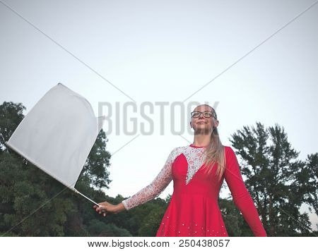 Teen Majorette Girl With White Flag