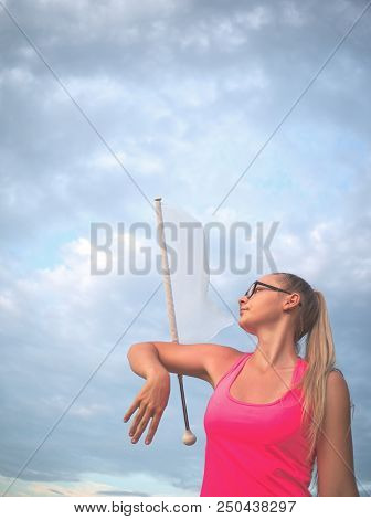 Teen Majorette Girl With White Flag