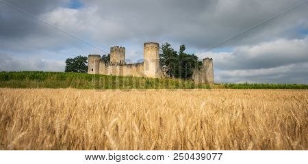 Chateau De Budos And Wheat Field In Summer , Bordeaux, Gironde