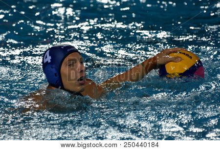 Budapest, Hungary - Jul 27, 2017. Zalanki Gergo (4) Hungarian Waterpolo Player In The Semifinal. Fin