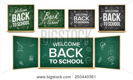 Back To School Banner Design Vector. Classroom Chalkboard, Blackboard. Doodle Icons. Sale Background