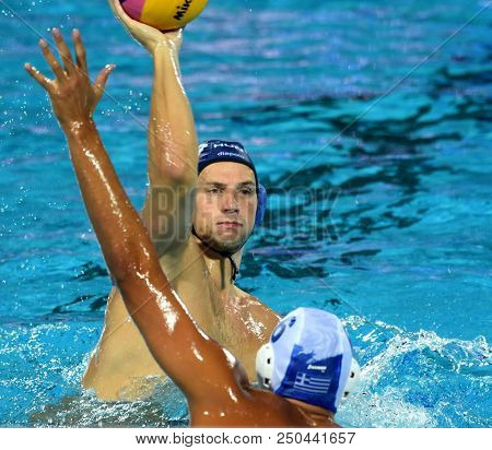 Budapest, Hungary - Jul 27, 2017.  Varga Denes (10) Hungarian Waterpolo Player In The Semifinal. Fin
