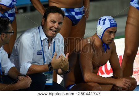 Budapest, Hungary - Jul 27, 2017. Vlachos Theodoros Head Coach And The Greek Men Waterpolo Team In T