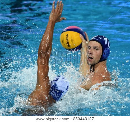 Budapest, Hungary - Jul 27, 2017.  Varga Denes (10) Hungarian Waterpolo Player In The Semifinal. Fin