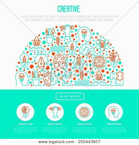 Creative Concept In Half Circle With Thin Line Icons: Generation Of Idea, Start Up, Brief, Brainstor