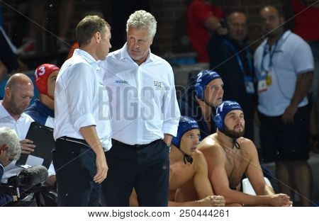 Budapest, Hungary - Jul 27, 2017. Gerendas Gyorgy And Marcz Tamas Head Coach Of Hungary Men Waterpol