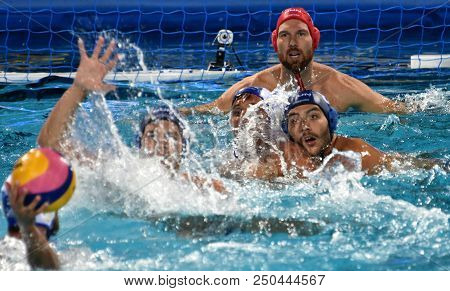 Budapest, Hungary - Jul 27, 2017. Gor-nagy Miklos (8) And Nagy Viktor (1) Defend Against Greece Wate