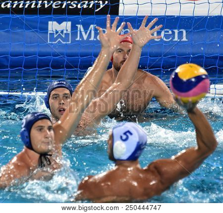 Budapest, Hungary - Jul 27, 2017. Nagy Viktor (1), Erdelyi Balazs (9) And Vamos Marton (5) Defend Ag