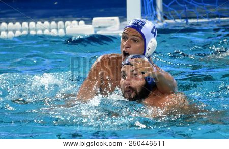 Budapest, Hungary - Jul 27, 2017. Mezei Tamas (hun, Cap 11) Fights Against Dervisis Georgios (gre, C