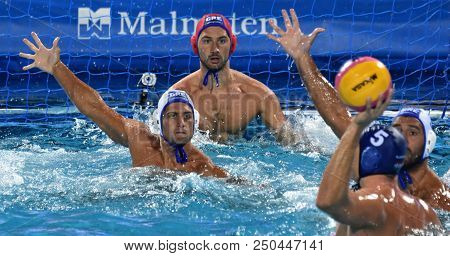 Budapest, Hungary - Jul 27, 2017. Pontikeas Kyriakos (7) And Flegkas Konstantinos (1) Defend Against
