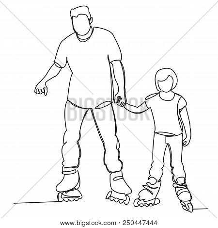 Continuous Single Drawn One Line Of The Daddy With A Daughter Roll On Rollers Painted By Hand Pictur