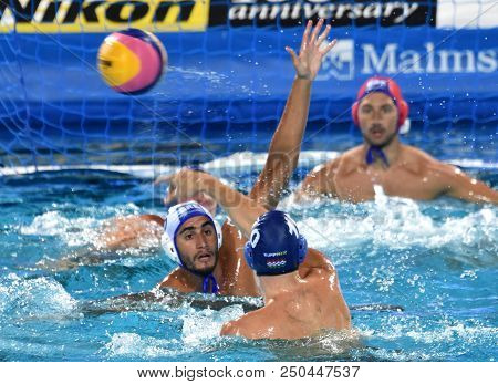 Budapest, Hungary - Jul 27, 2017. Kapotsis Marios (6) And Flegkas Konstantinos (1) Defend Against Va