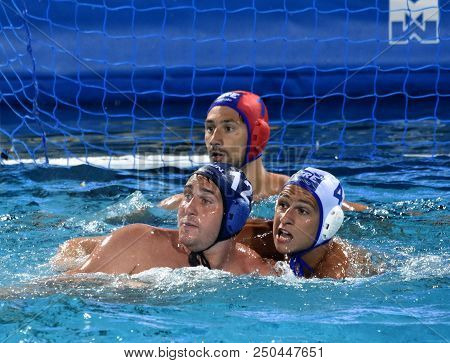 Budapest, Hungary - Jul 27, 2017. Harai Balazs (hun, Cap 12) Fights Against Dervisis Georgios (gre, 