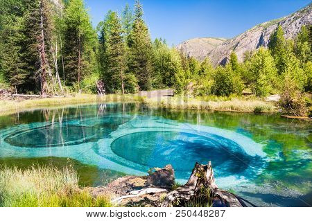 Blue Geyser Lake In Altai Mountains, Altai Republic, Siberia, Russia