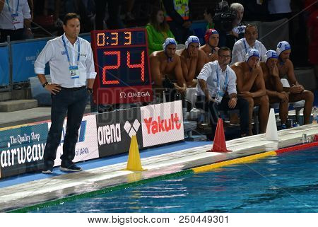 Budapest, Hungary - Jul 27, 2017. Vlachos Theodoros Head Coach And The Greek Men Waterpolo Team In T