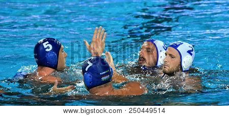 Budapest, Hungary - Jul 27, 2017. Greek Players (genidounias Konstantinos 2, Mourikis Konstantinos 9