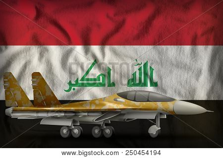Fighter, Interceptor With Desert Camouflage On The Iraq Flag Background. 3d Illustration
