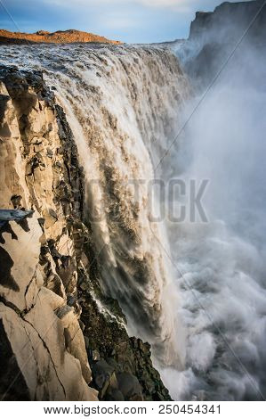 Dettifoss Watefall In Iceland Bright Light Sunset