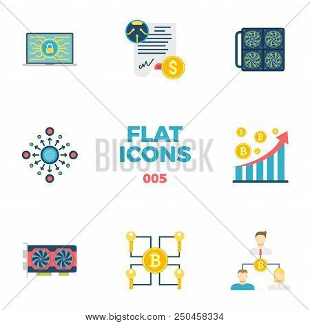 Cryptocurrency And Blockchain Related Flat Icons. Crypto Icon Set. Featuring Security, Smart Contrac
