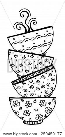 Vector Hand Drawn Stack Of Bowl Illustration For Adult Coloring Book. Freehand Sketch For Adult Anti