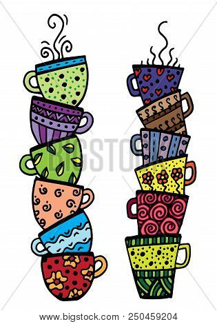 Vector Hand Drawn Stack Of Cup, Doodle Style Illustration