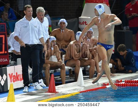 Budapest, Hungary - Jul 29, 2017. Marcz Tamas Head Coach And The Hungarian Men Waterpolo Team. Erdel