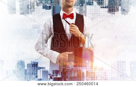 Confident And Young Businessman In Smart-casual Wear Smoking Pipe And Modern Cityscape With Business